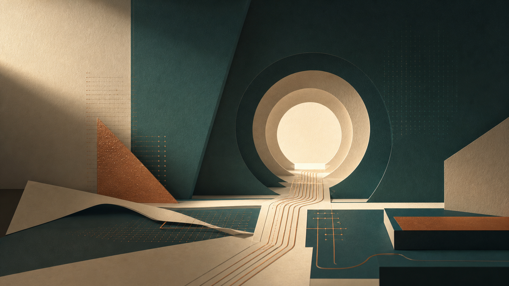 Composición editorial abstracta con caminos de luz que convergen en un portal, símbolo del trabajo entre una persona y la inteligencia artificial