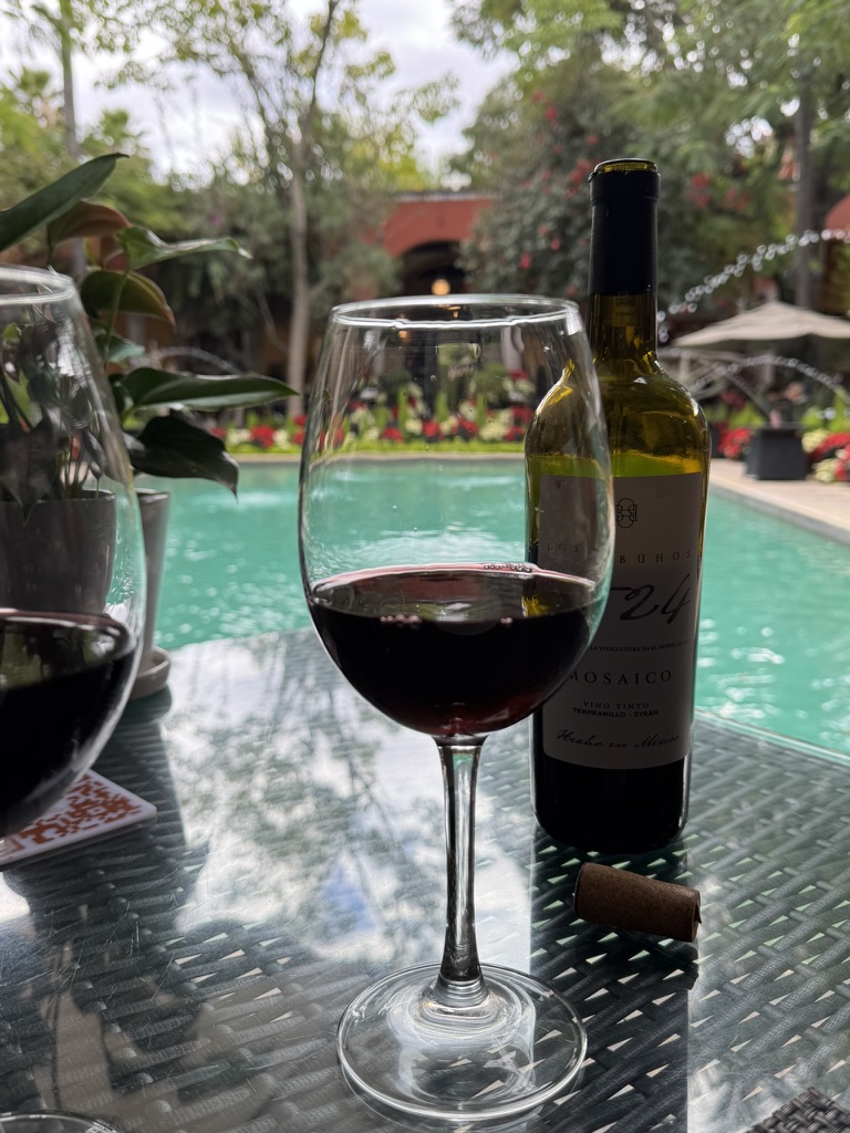 Una copa de vino tinto y una botella sobre una mesa junto a la piscina