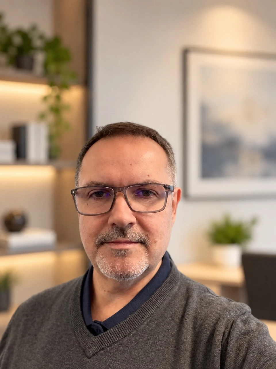 Sergio Morilo con gafas y suéter gris, en un interior con plantas y luz cálida
