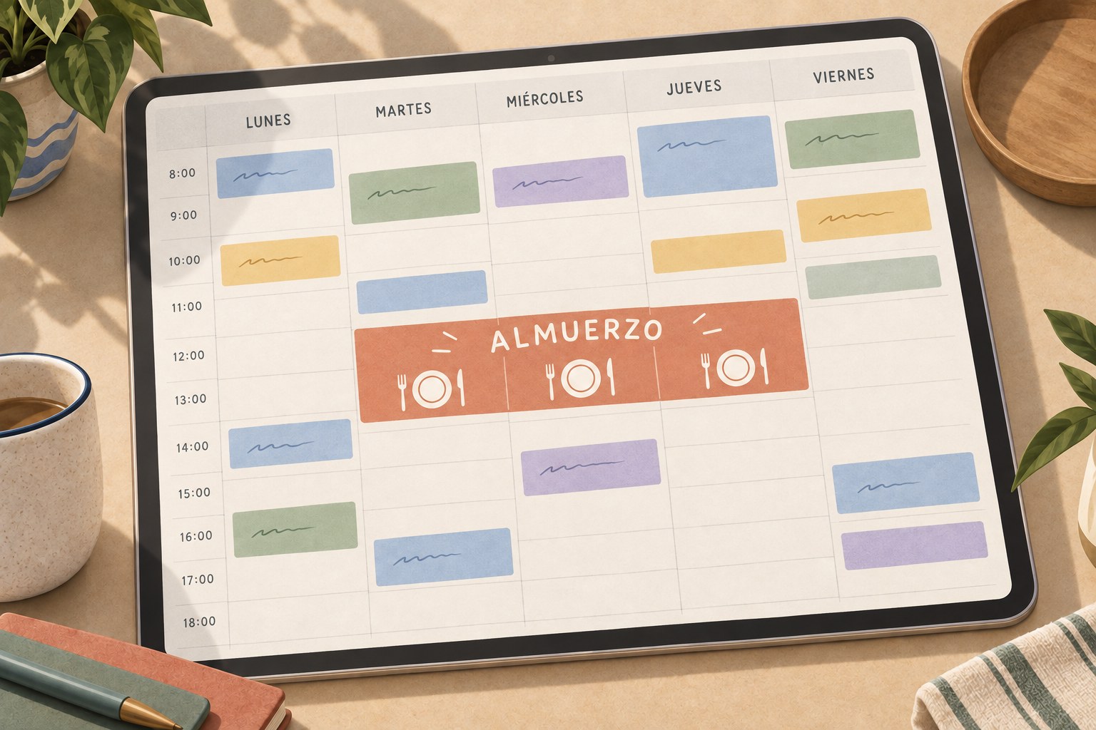Ilustración de una agenda semanal con reuniones y un bloque reservado para el almuerzo.