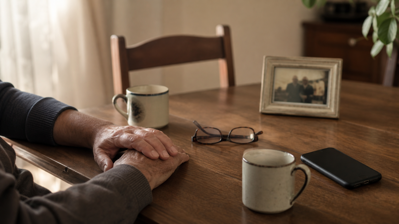 Dos personas de generaciones distintas se toman de las manos alrededor de una mesa familiar