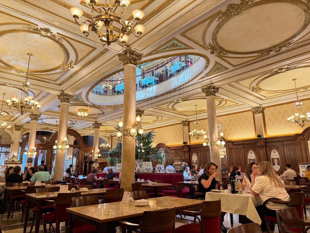 Salón de Confitería La Ideal con columnas, lámparas y molduras doradas