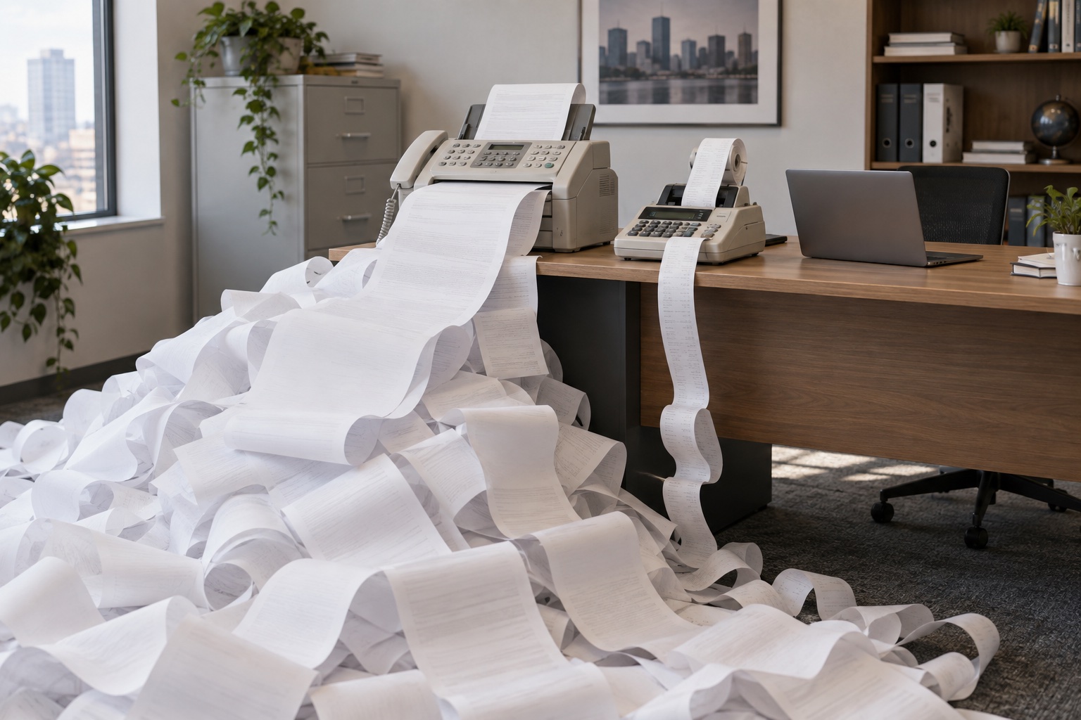 Un fax y una calculadora de bobina acumulan una montaña de papel junto a un pequeño portátil en una oficina contemporánea.
