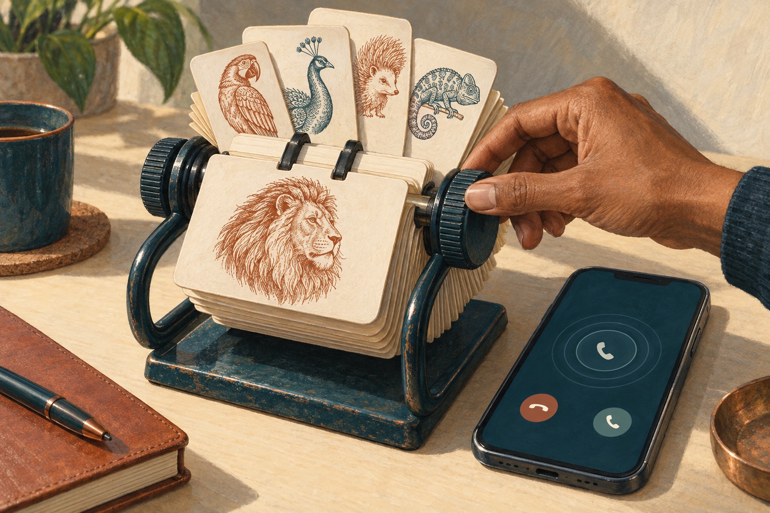 Ilustración de una mano girando un archivo de fichas con dibujos de animales, junto a un teléfono que recibe una llamada.