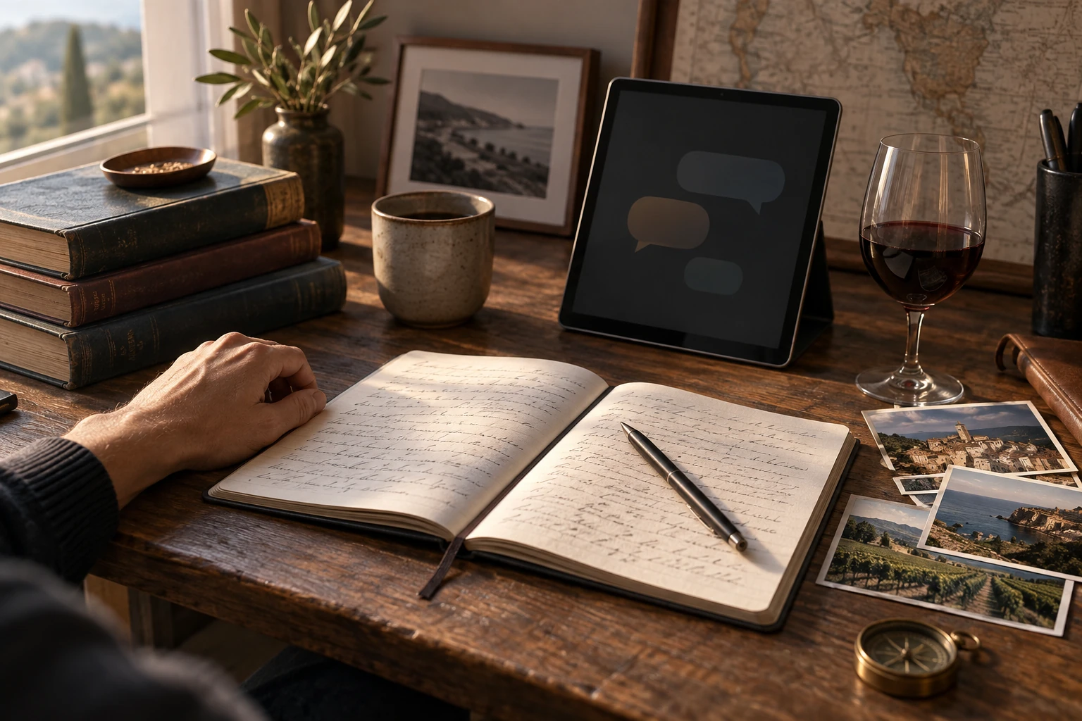 Imagen conceptual generada con IA de una mano junto a un cuaderno abierto, libros, fotografías de viaje y una tableta con formas de conversación.