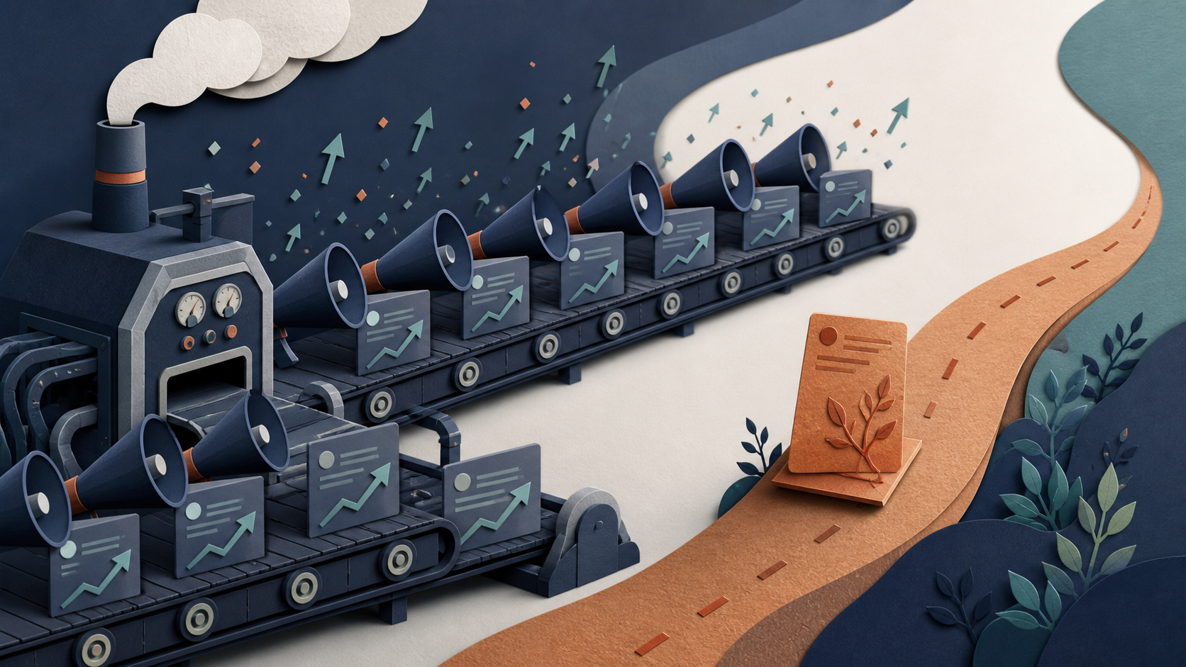 Una fábrica produce en serie megáfonos y publicaciones idénticas, mientras una pieza terracota sigue un camino propio