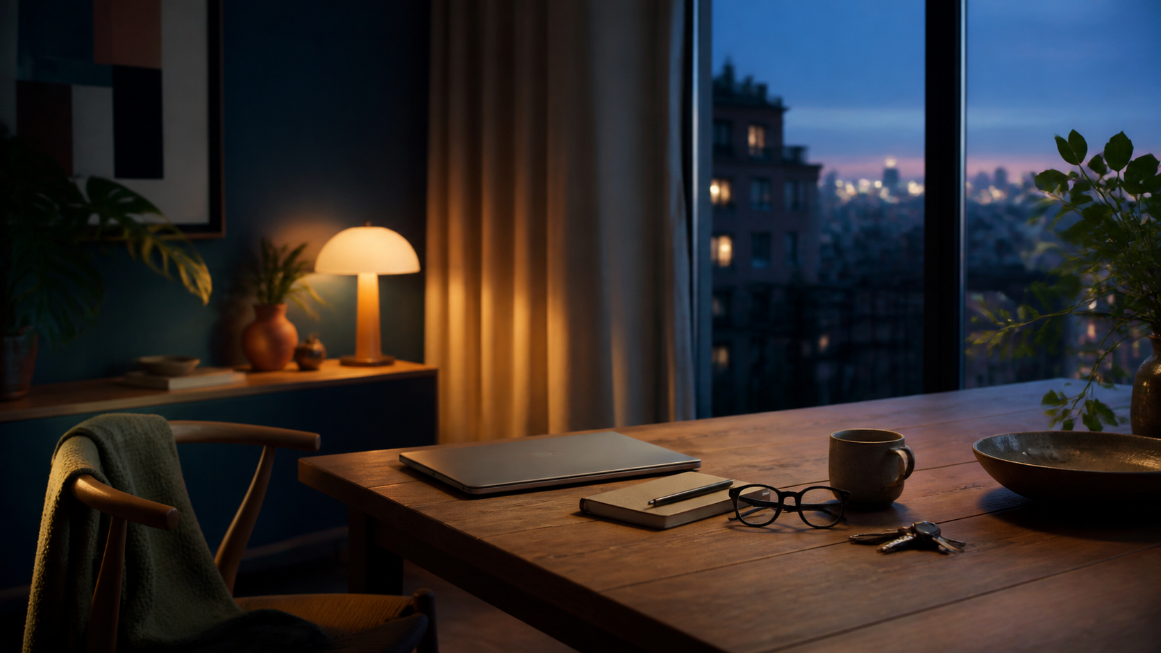 Mesa de trabajo en un hogar al atardecer con una computadora cerrada, un cuaderno, una taza y luces de ciudad al fondo