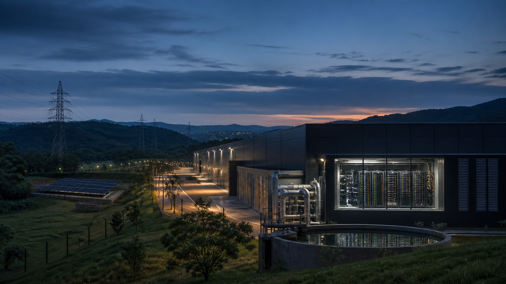 Data center integrado à infraestrutura de energia e conectividade em uma paisagem brasileira