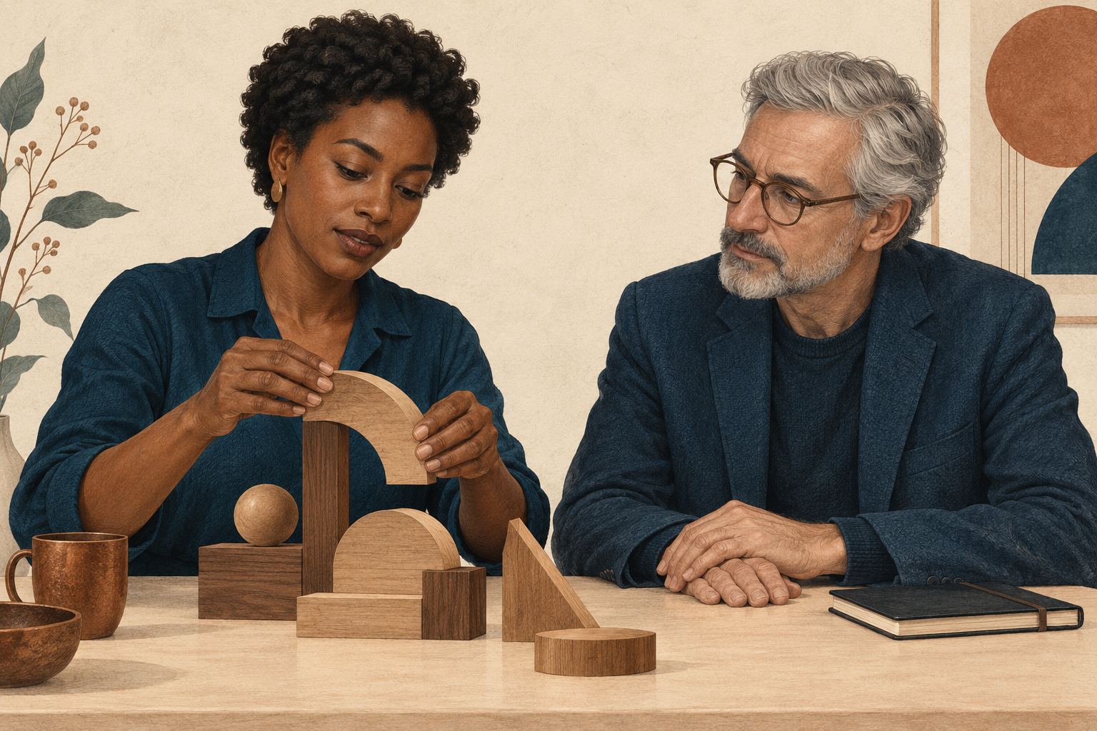 Dos personas sentadas a la misma altura junto a una mesa: una ajusta una composición de piezas de madera y la otra observa con las manos apoyadas junto a su cuaderno.