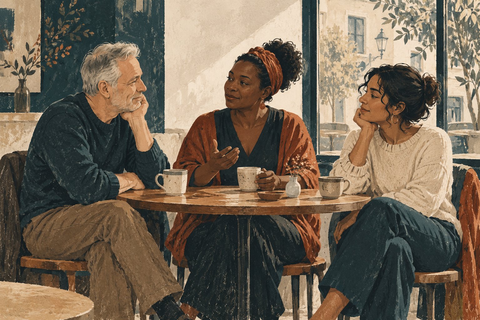 Tres personas de distintas edades y tonos de piel comparten un café alrededor de una mesa; una habla y las otras escuchan con tranquilidad.