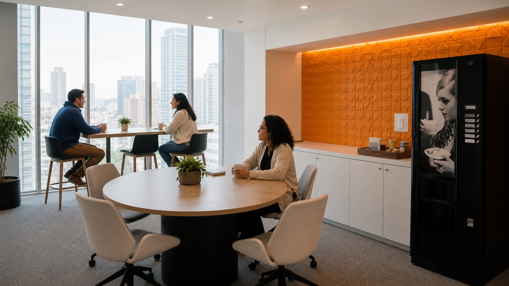 Tres colegas conversan durante un café informal en el área renovada de una oficina en Ciudad de México, junto a una pared de azulejos naranjas