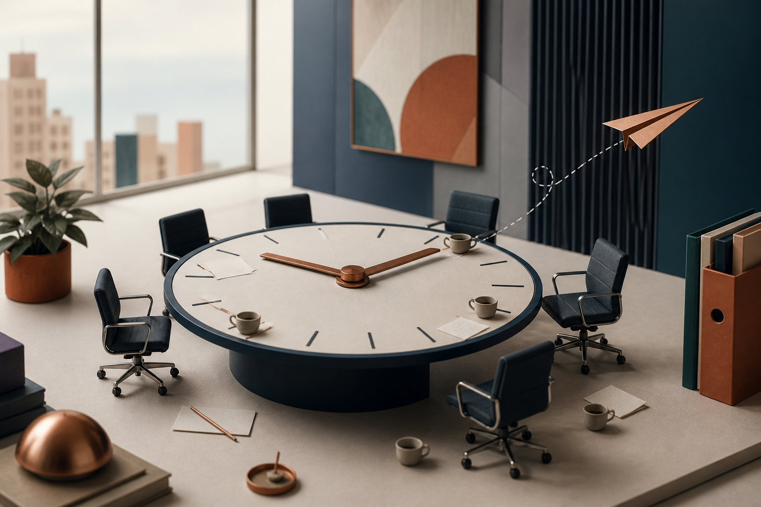 Sala de reuniones en miniatura con una gran mesa en forma de reloj, sillas vacías, tazas de café y un pequeño avión de papel cobrizo alejándose