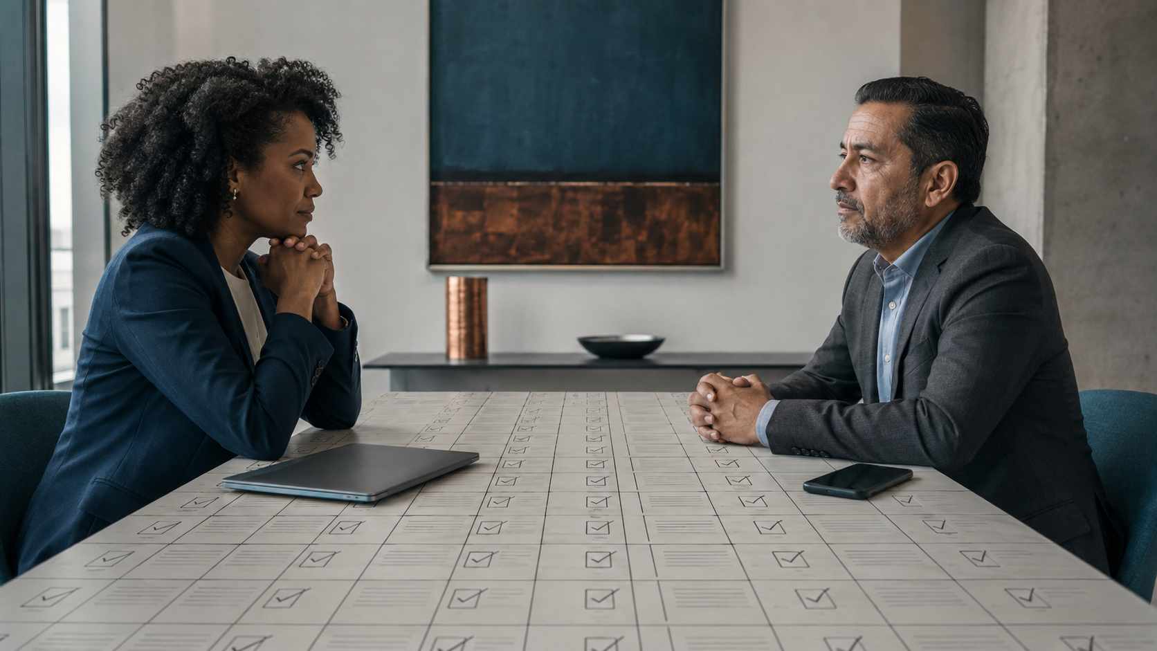 Dos profesionales diversos frente a frente en una mesa convertida en una cuadrícula de formularios completados