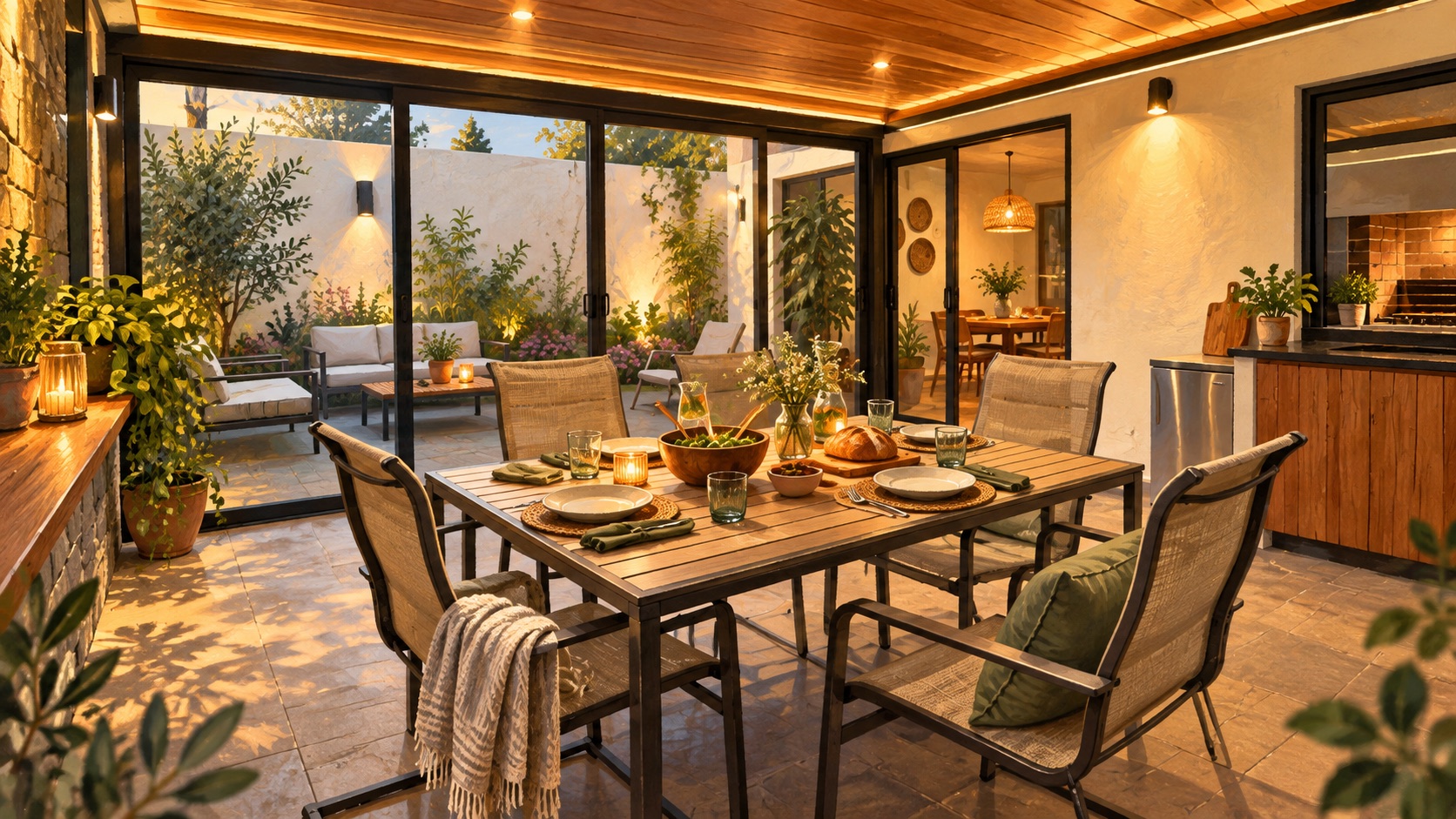 Ilustración de un patio cálido con la mesa preparada para compartir una comida en casa.