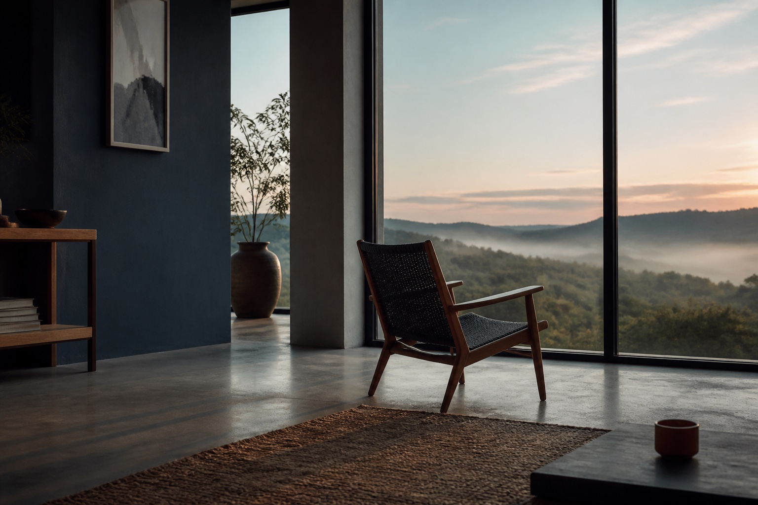 Una silla junto a una gran ventana al amanecer, un espacio sereno para pausar y recuperar perspectiva