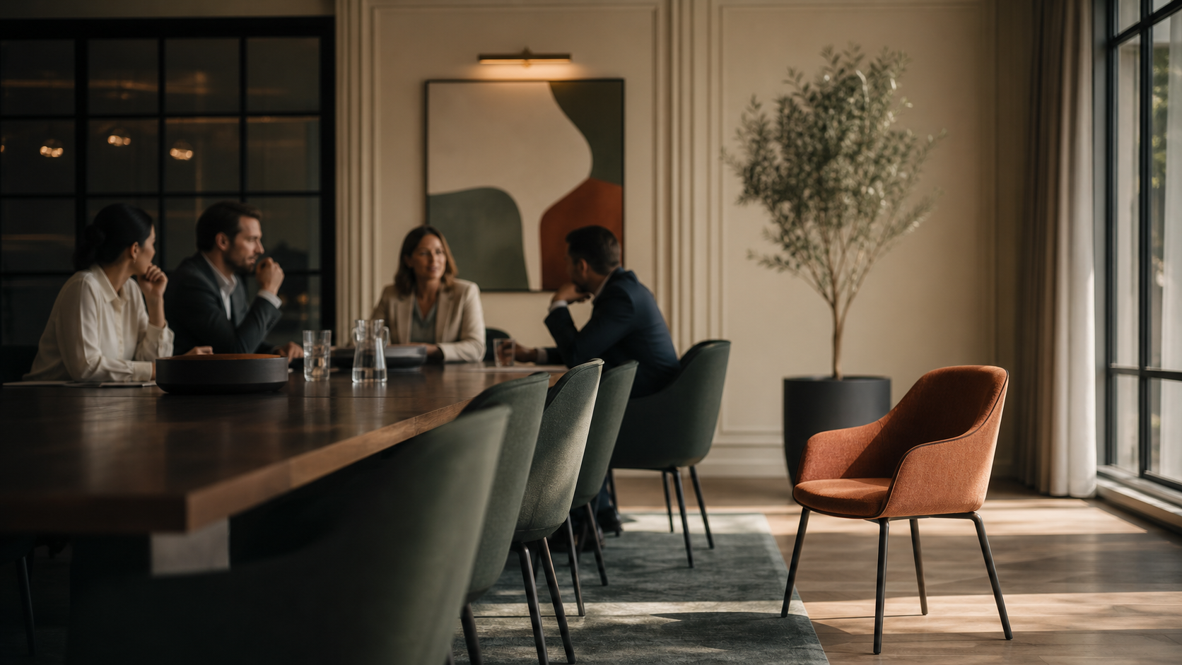 Una reunión de trabajo con una silla vacía separada del grupo