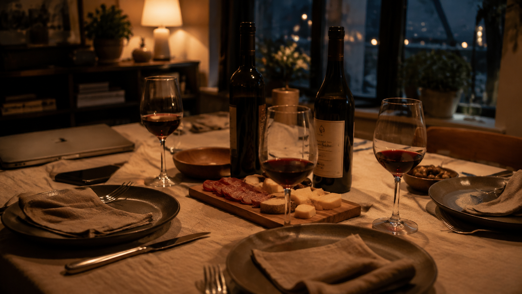 Tres lugares a una mesa con copas de vino, quesos y salame bajo una luz cálida, con la computadora cerrada al fondo