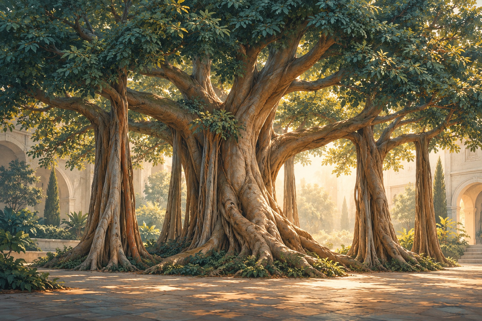 Un árbol de copa amplia cuyos grandes brazos están sostenidos por varios troncos y raíces, en un patio iluminado por el sol.