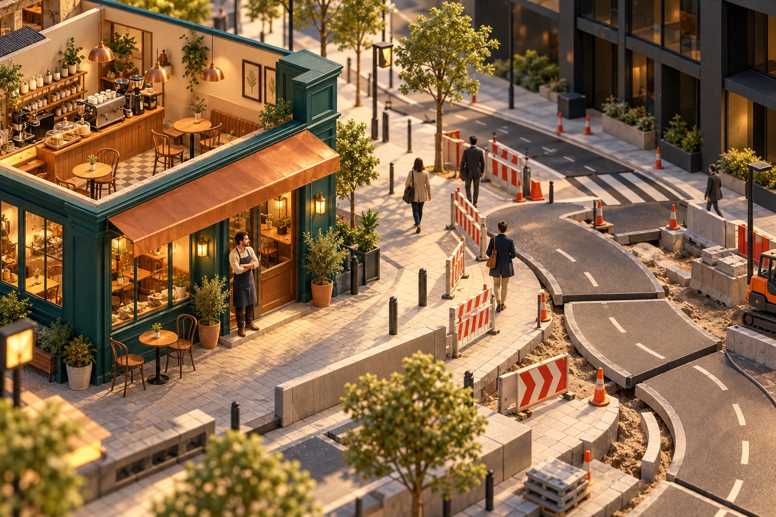 Ilustración de una cafetería abierta junto a una calle en obras cuyos recorridos se desvían, mientras su encargado observa desde la entrada.