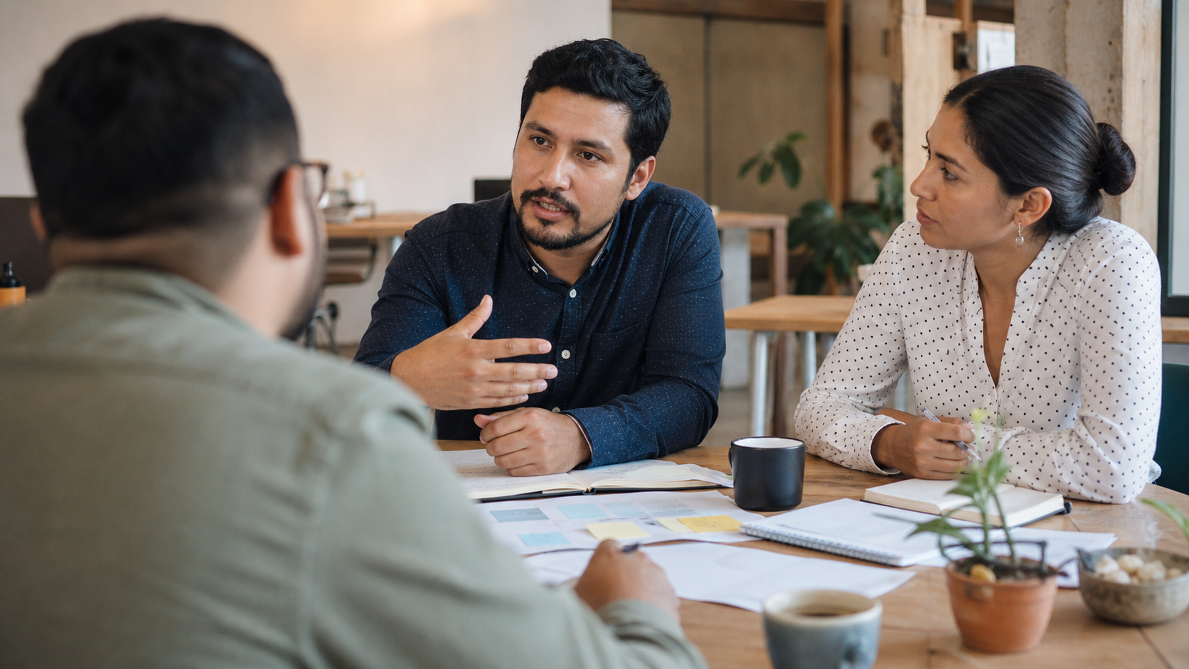 Tres profesionales conversan alrededor de una mesa con documentos y cuadernos en un espacio de trabajo iluminado por luz natural