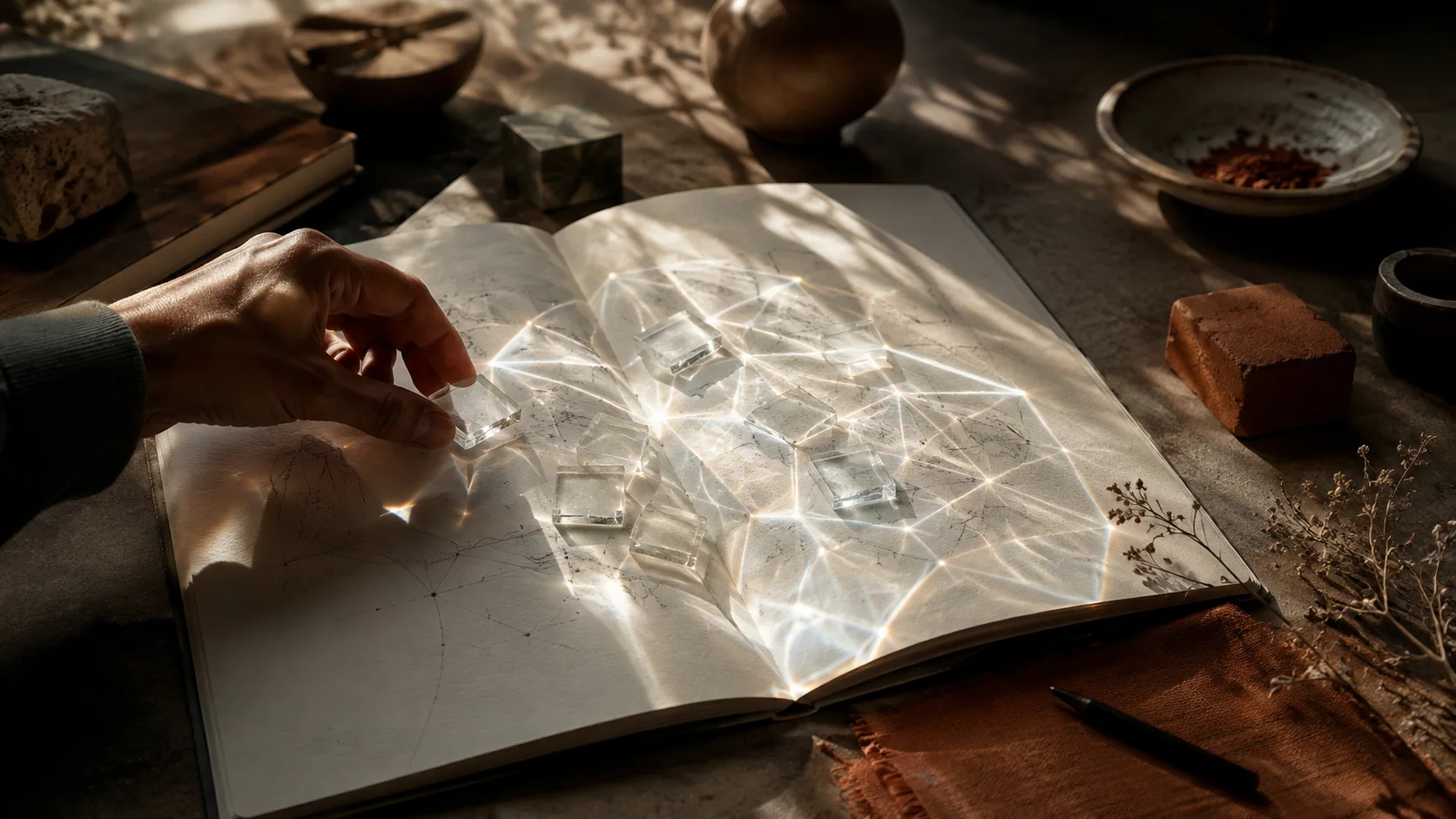 Una mano organiza piezas de vidrio sobre un cuaderno, formando conexiones de luz como metáfora del conocimiento y el criterio humano