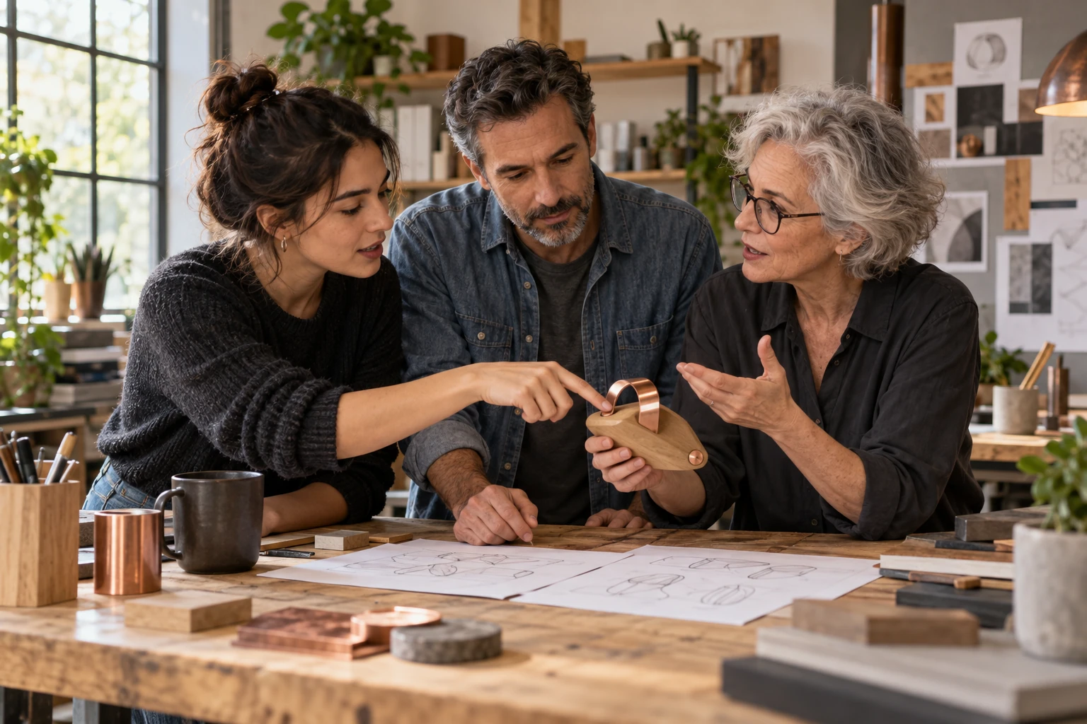Imagen conceptual generada con IA de tres colegas de distintas edades examinando un prototipo y bocetos en un espacio de trabajo.