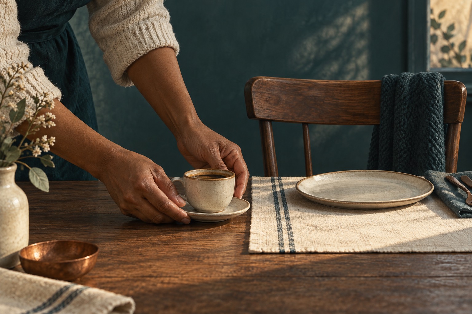 Imagen conceptual de unas manos preparando una taza de café en una mesa, junto a un lugar dispuesto para recibir a alguien.