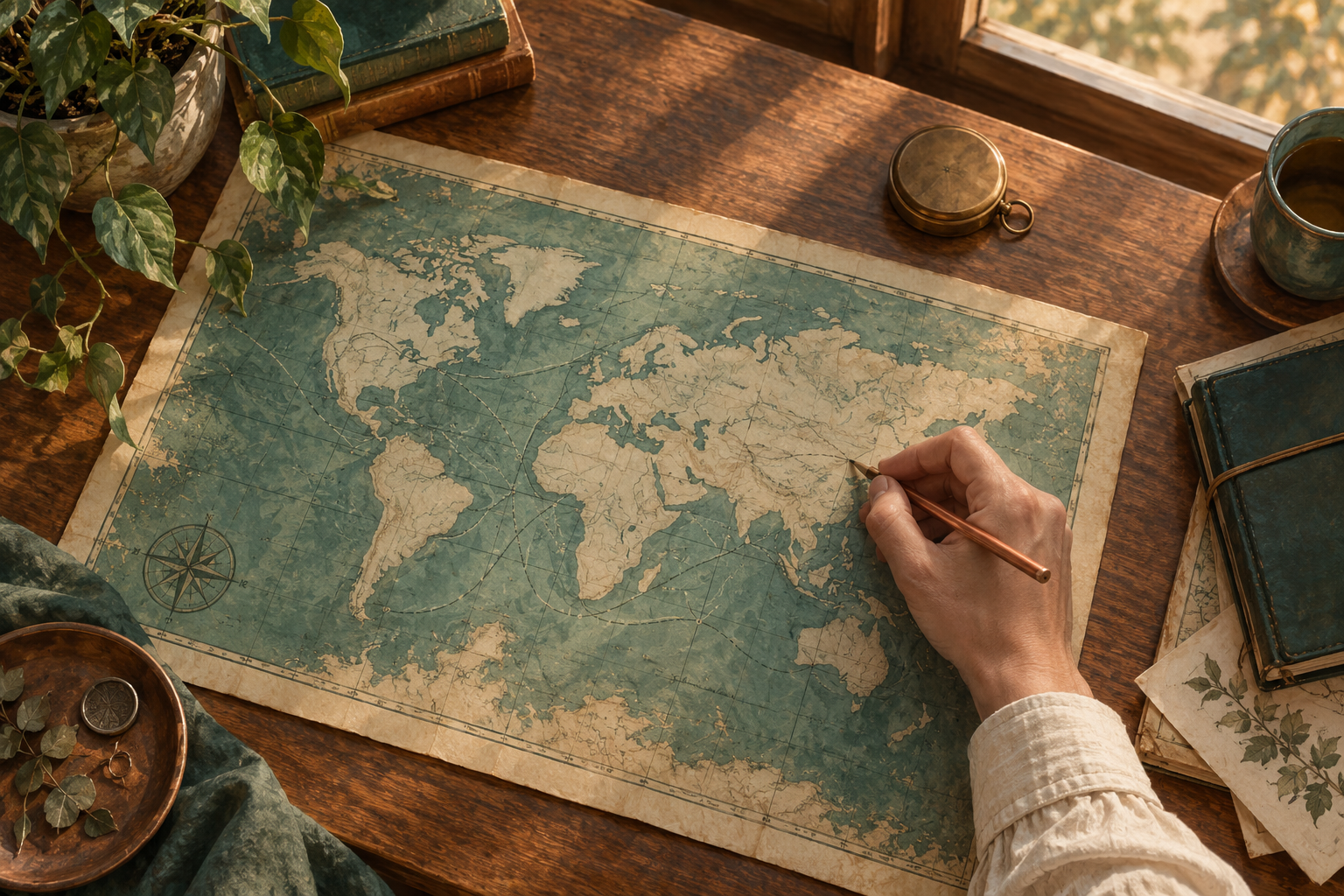 Una mano con puño de camisa dibuja con un lápiz de cobre sobre un mapa antiguo en tonos verde petróleo y crema, con rutas trazadas con suavidad, junto a una brújula cerrada, un cuaderno y una ventana con luz de tarde.