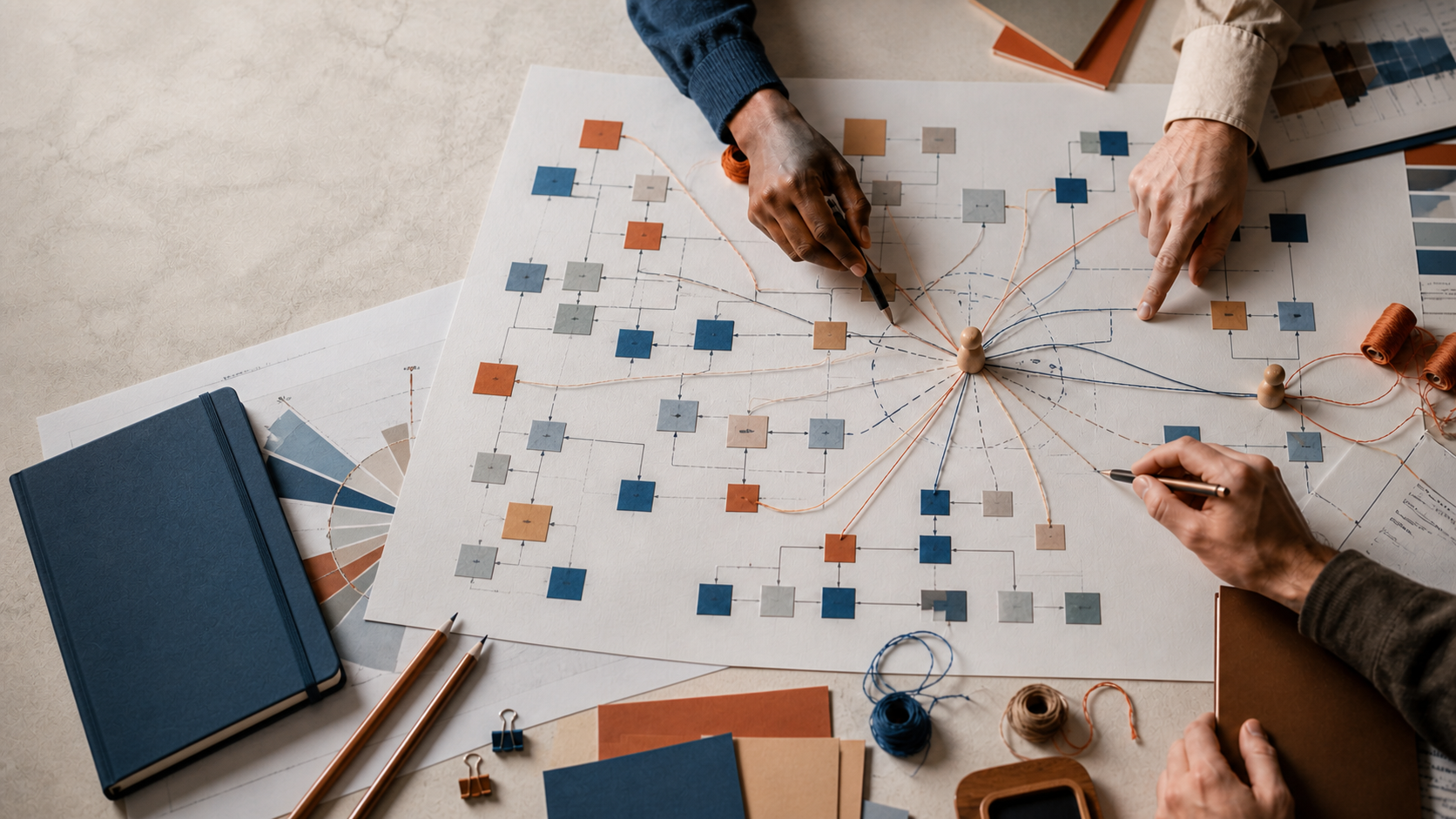 Organigrama sobre una mesa con múltiples conexiones informales convergiendo en una persona fuera de la estructura formal