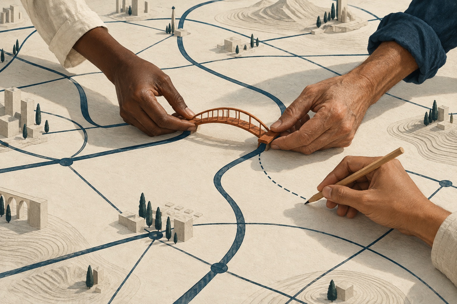 Ilustración de manos con distintos tonos de piel que colocan una pequeña pasarela sobre un mapa de caminos; otra mano dibuja una conexión con un lápiz.