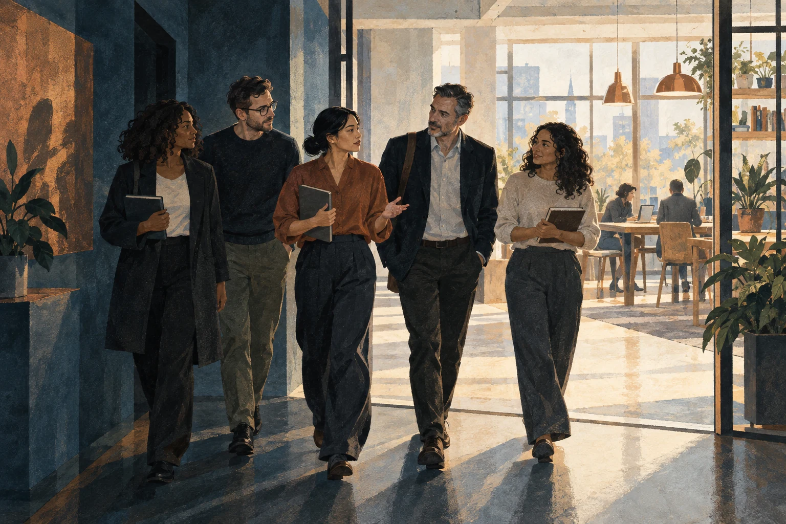 Un grupo diverso de colegas camina y conversa junto, entre las sombras de un pasillo y la luz de un espacio de trabajo compartido