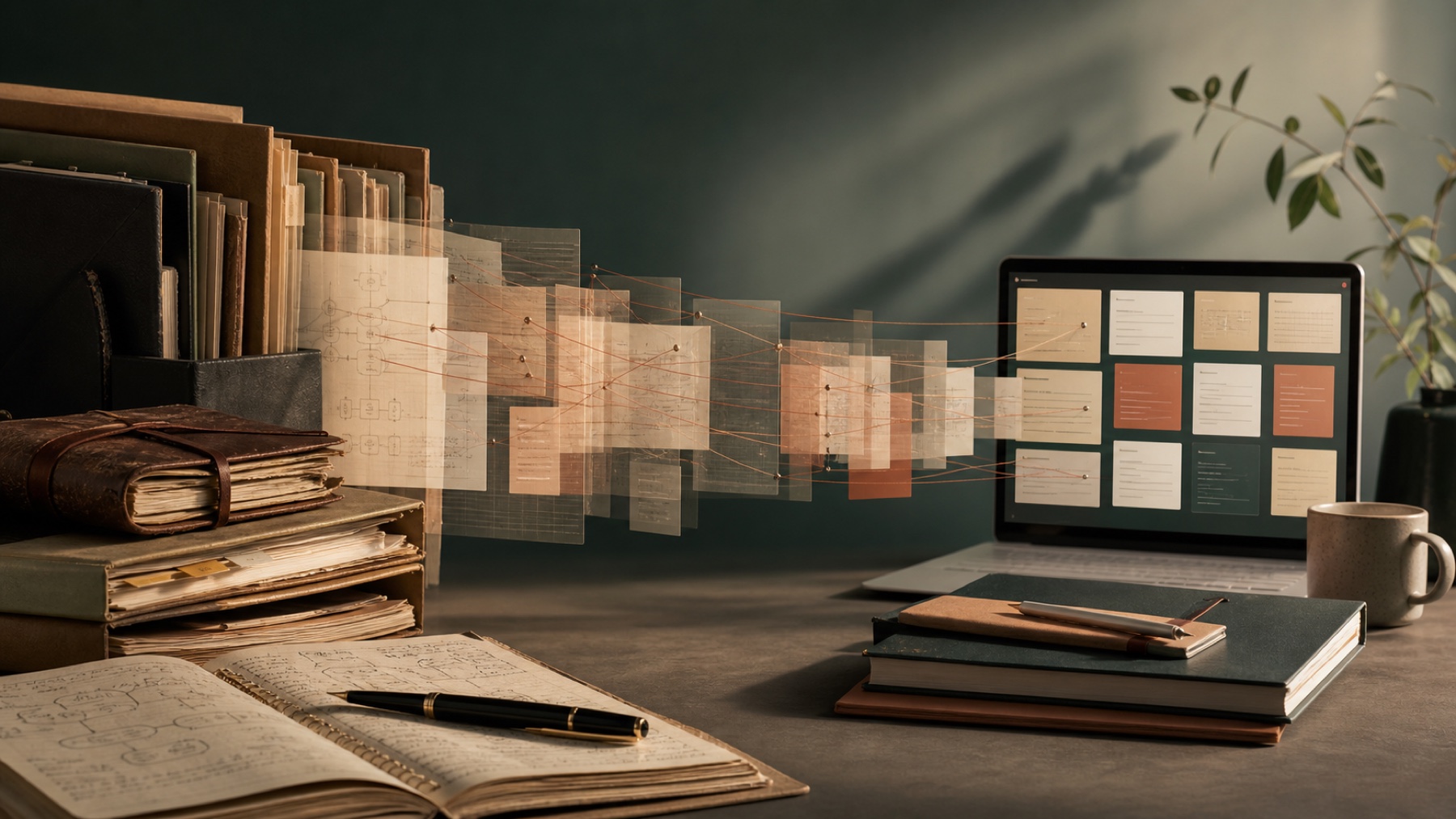 Archivos, cuadernos y documentos conectados con una biblioteca digital de conocimiento