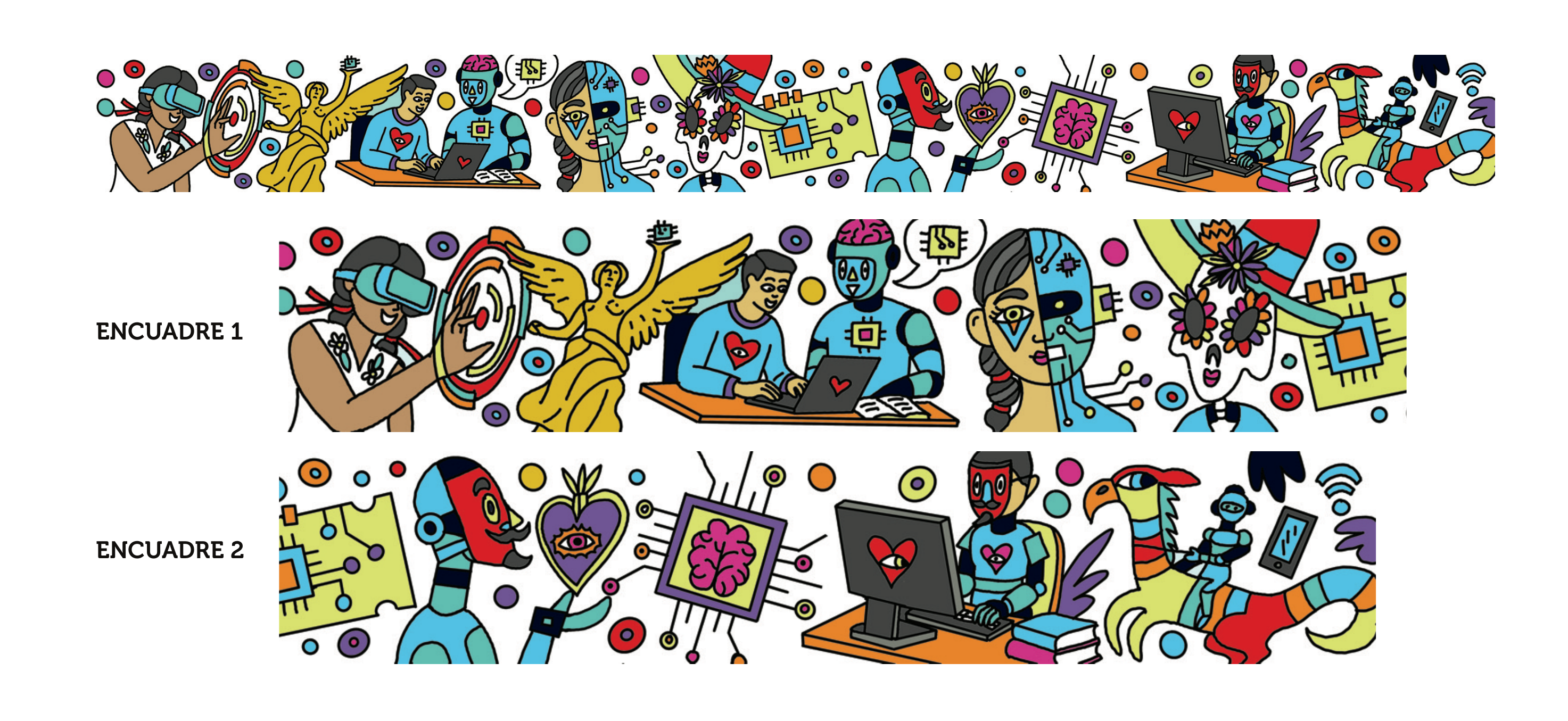 Propuesta aprobada del mural, con el diseño completo y dos encuadres de sus escenas