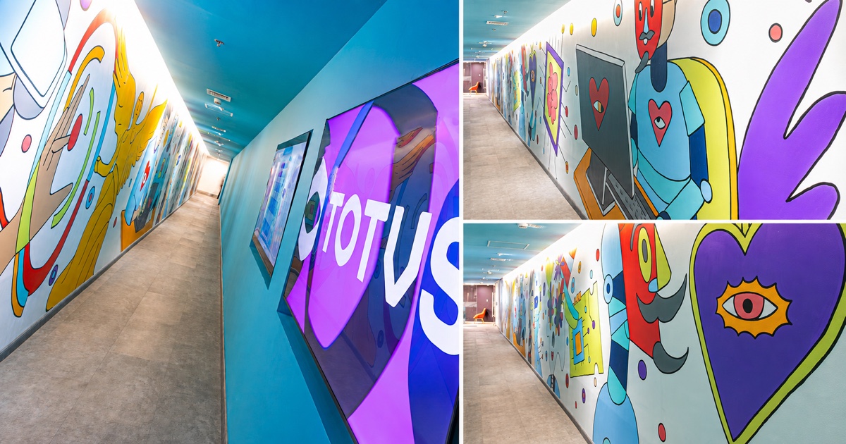 Collage fotográfico del mural concluido en la oficina de TOTVS en Ciudad de México, con el corredor y distintos detalles de la obra