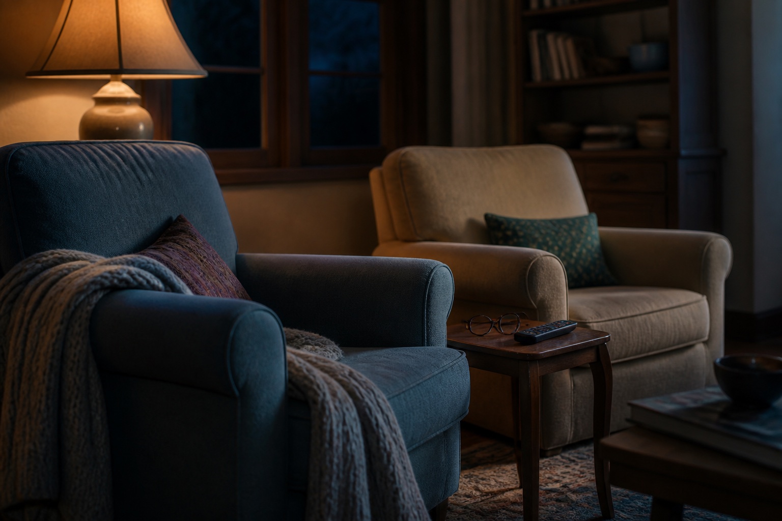 Duas poltronas lado a lado em uma sala familiar numa noite tranquila, iluminadas por um abajur e pela luz discreta da televisão