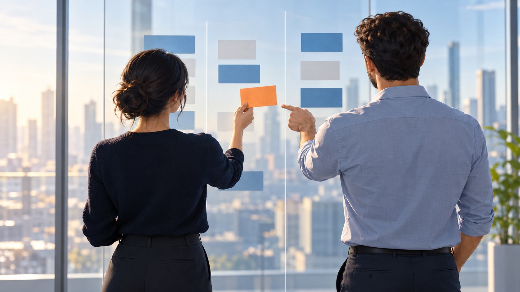 Dos personas de espaldas revisan un tablero de prioridades sobre vidrio. Una sostiene una tarjeta naranja entre dos columnas y la otra la señala, con una ciudad al fondo.
