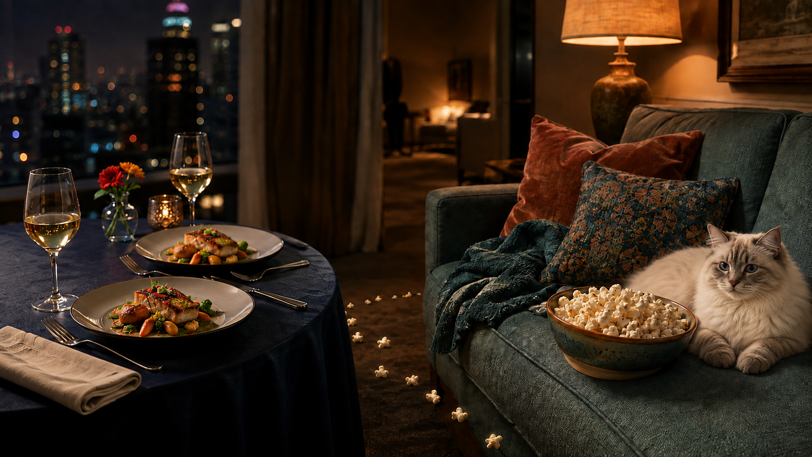 Una mesa elegante para dos comparte la escena con un sofá, un cuenco de palomitas y un gato en casa