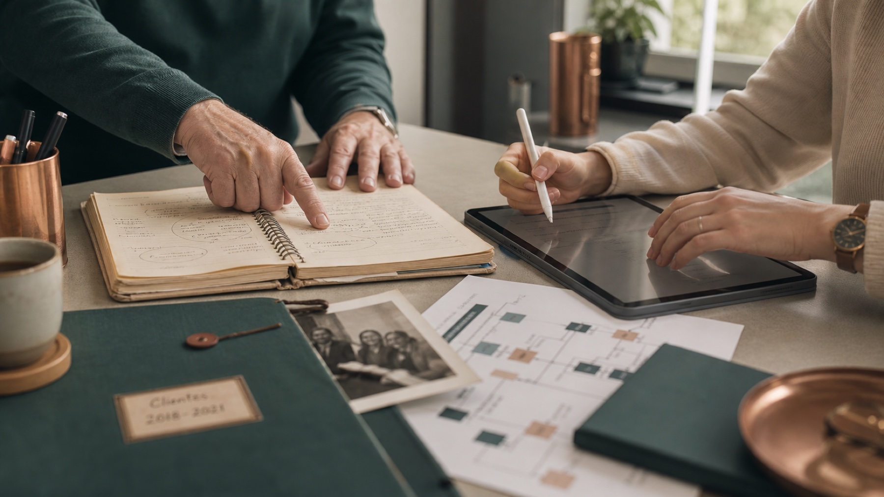 Dos generaciones comparten notas, contexto y herramientas digitales para preservar la memoria organizacional