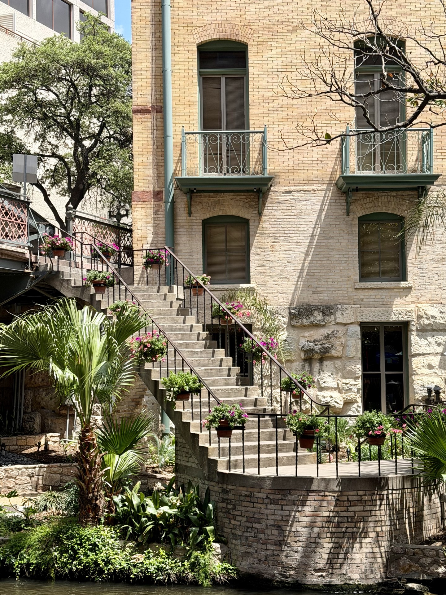 Arquitectura histórica y vegetación junto al River Walk de San Antonio