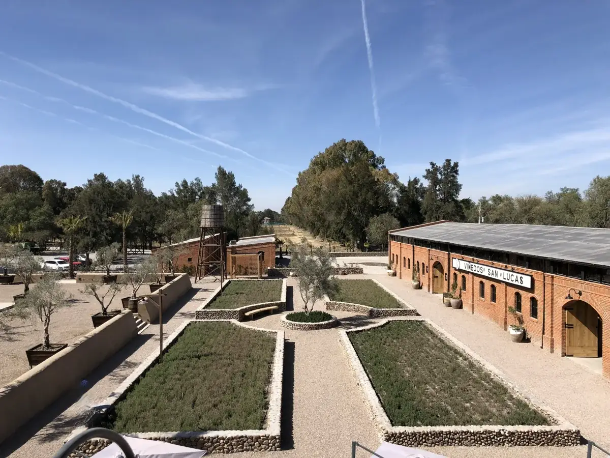 Vista de los jardines y la bodega de ladrillo de Viñedos San Lucas