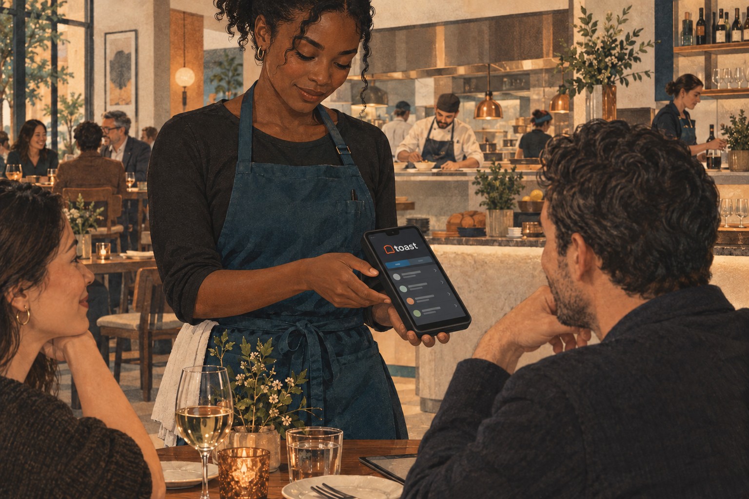 Una mesera sostiene una terminal negra de pantalla amplia con el logo de Toast junto a dos clientes; al fondo se ven mesas, un mostrador y la cocina de un restaurante.
