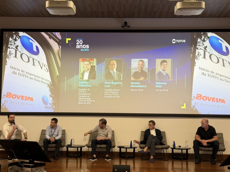 Painel comemorativo dos 20 anos do IPO da TOTVS, realizado em março de 2026