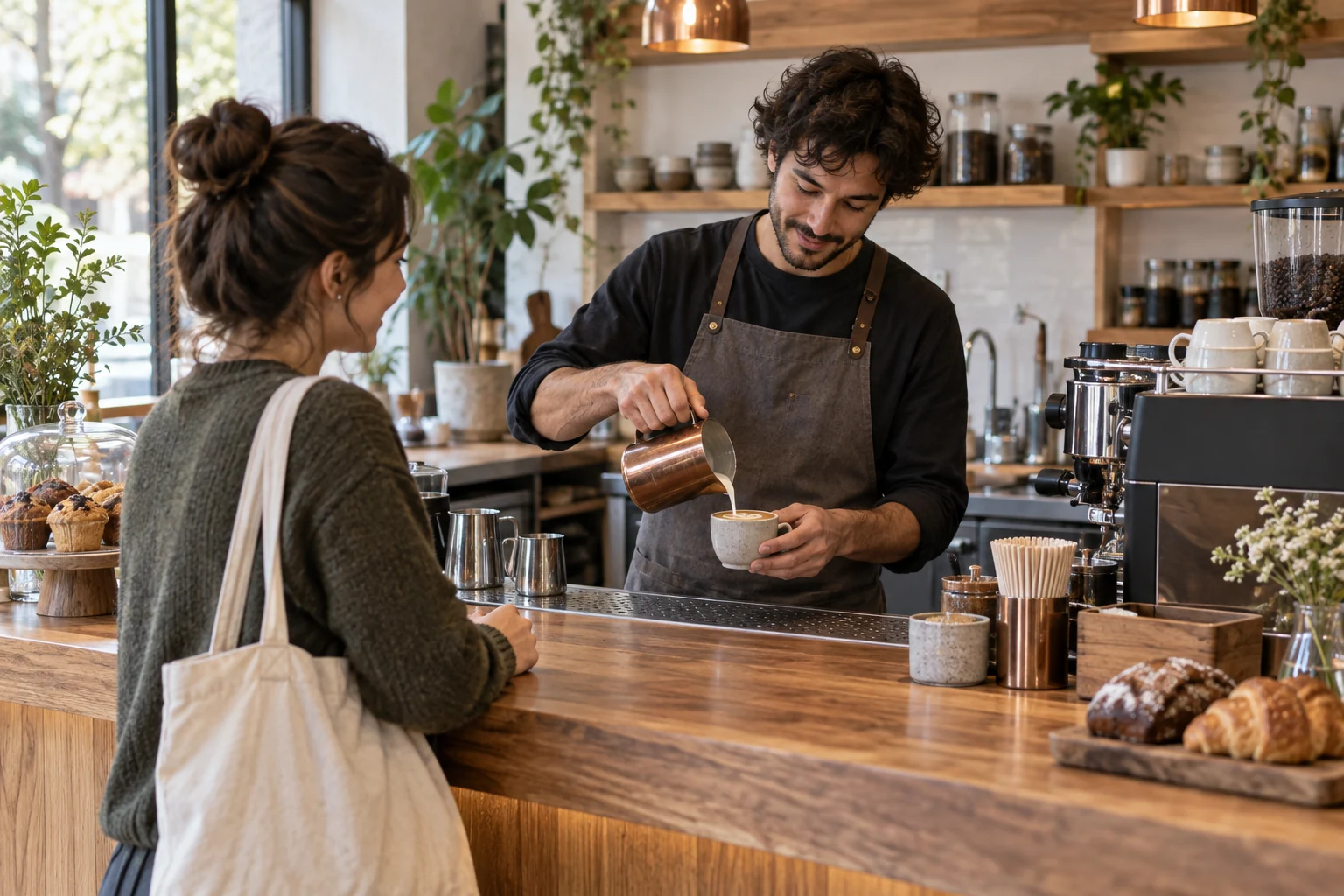 Ilustración creada con IA de un barista preparando una bebida a la vista de una clienta, en un mostrador abierto.
