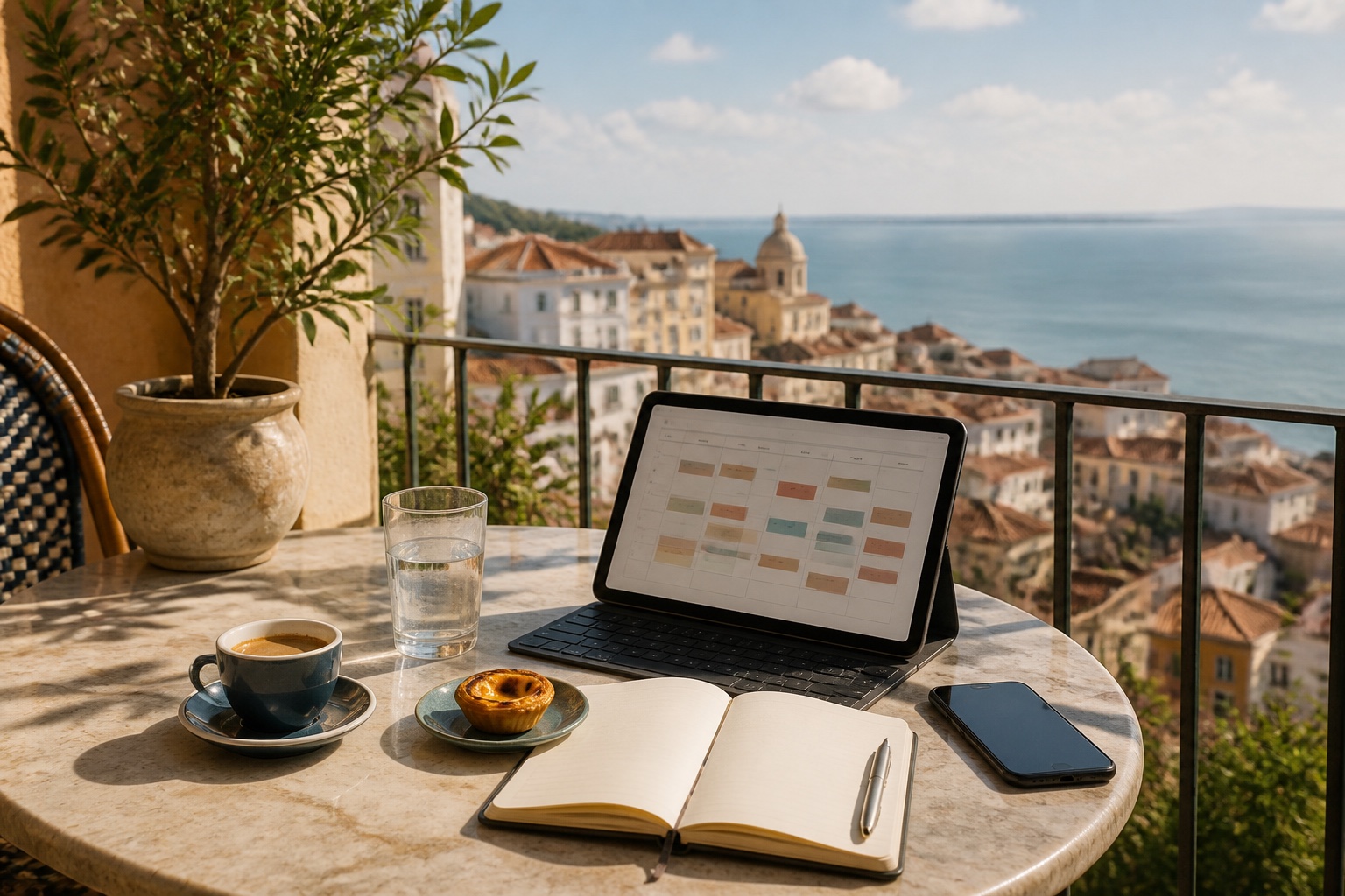 Mesa luminosa en una terraza frente al mar, con cuaderno, tableta, café y un pequeño pastel local preparados para una jornada de trabajo